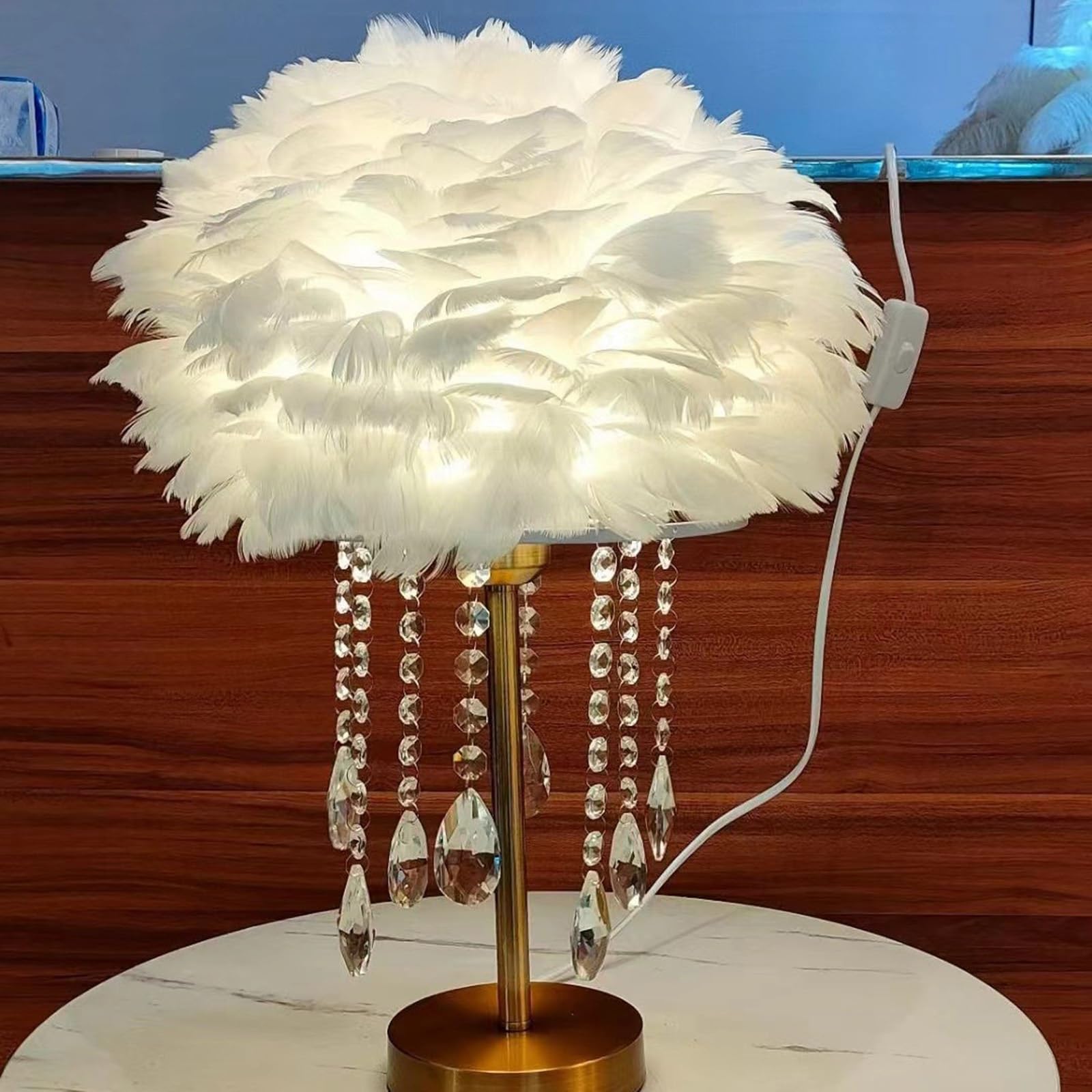 Lampada da tavolo a piuma con cristallo unico - luce a temperatura a 3 colori, luce notturna della scrivania con filo plug-in perfetto per regalo di nozze a fianco letto della camera(Champagne color)