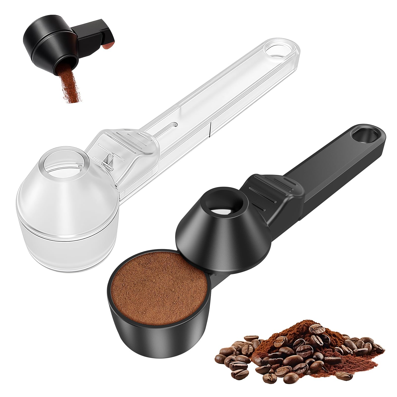 Cucchiaio Dosatore caffè con Imbuto Set di 2 Cucchiai Misuratori per Polvere di caffè Nero E Trasparente in Materiale ABS Design Utensili Multifunzionali per