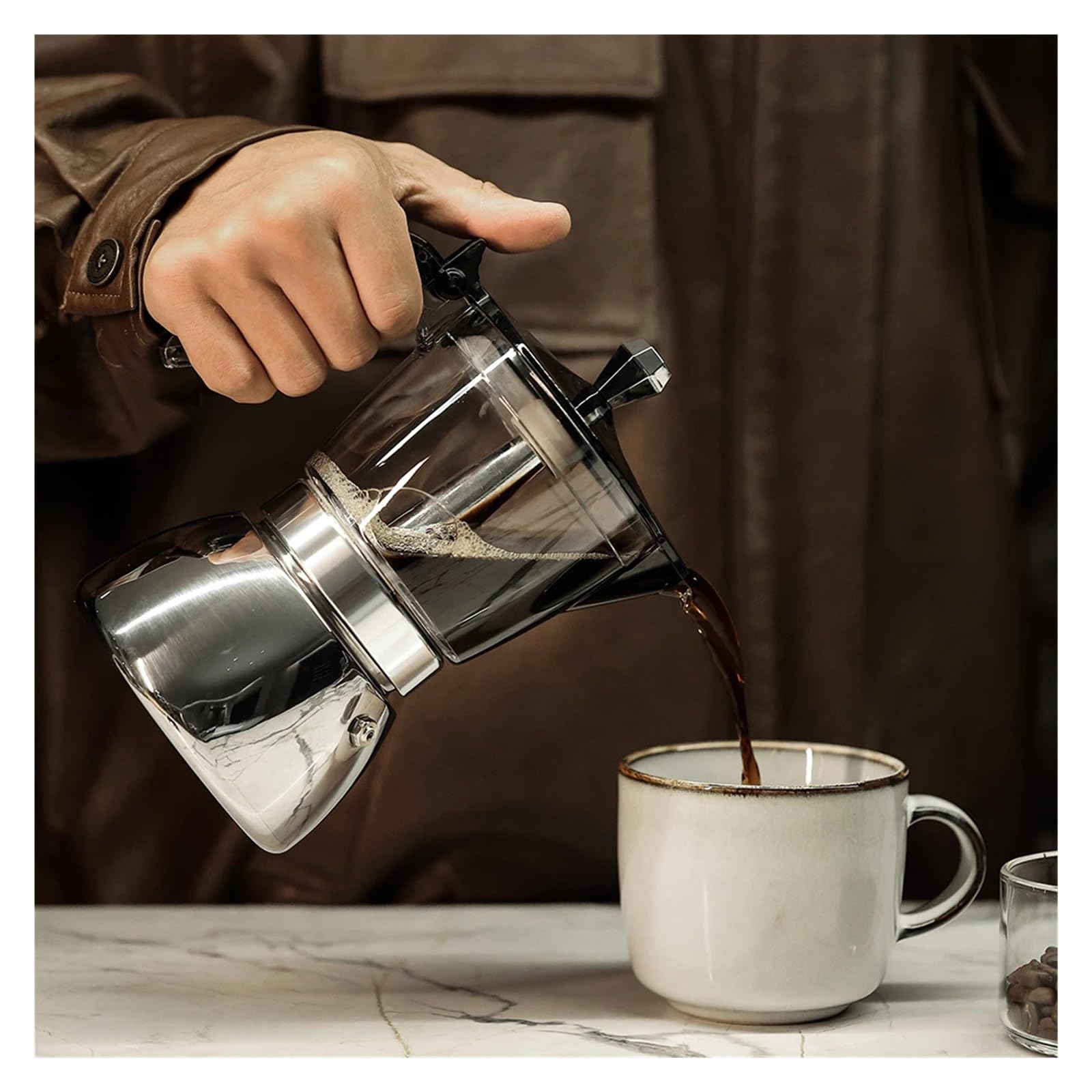 Genérico Cafetera italiana transparente de acero inoxidable 4/6. Cuerpo único resina, base 430. Ideal for el hogar, la oficina y camping. Compatible con cocinas inducción gas(6cups)