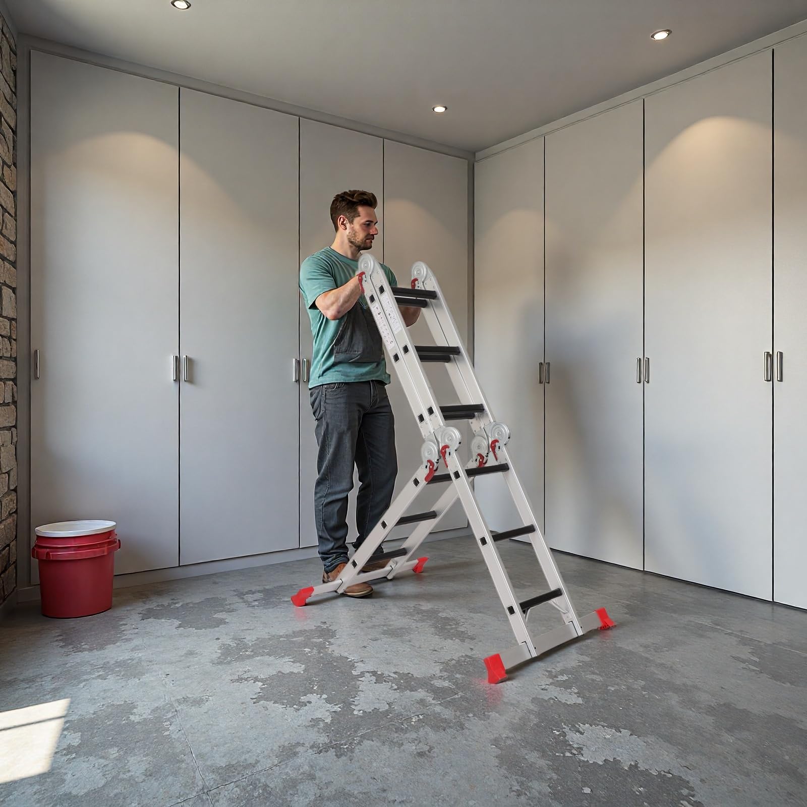 AMHANCIBLE Échelle Multifonction 3.4m Aluminium, avec 2 Plateaux de Travail | Échelle Pliante 4x3 Marches, Échelle Polyvalente Jusqu'à 150 kg, 7-en-1, pour Grenier, Maison, Bricolage Léger, EBAL01RD