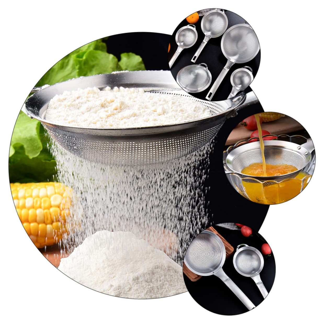 Juego de colador de Acero Inoxidable de 2 Piezas con colador de Malla Fina y cucharón - Plata