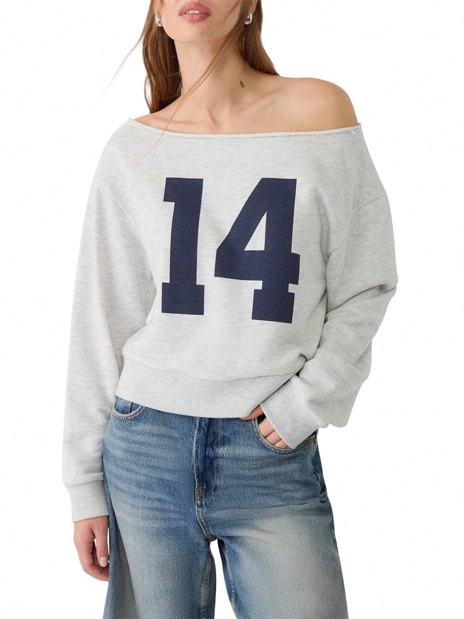 sxv style Women Casual Sweatshirt Long Sleeve Oblique Neck Numbers Print-picture-18