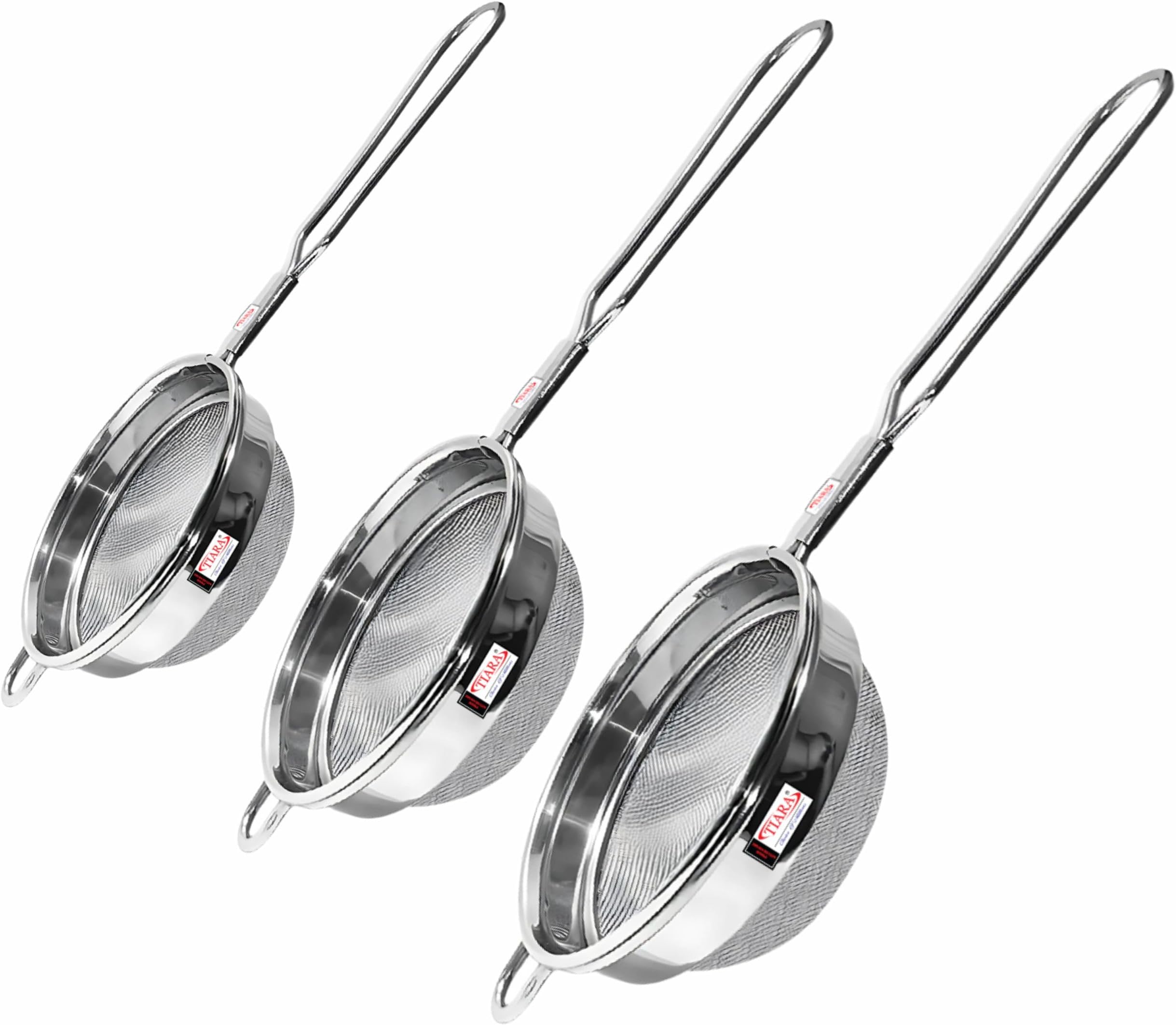 TIARA - 3PC Max Tea Strainer, Coffee Strainer, Chai Channi, Tea Filter, Juice and Oil Strainer Stainless Steel Strainer 7cm, 8cm, 9cm Diameter (304 Steel Food Grade Mesh)