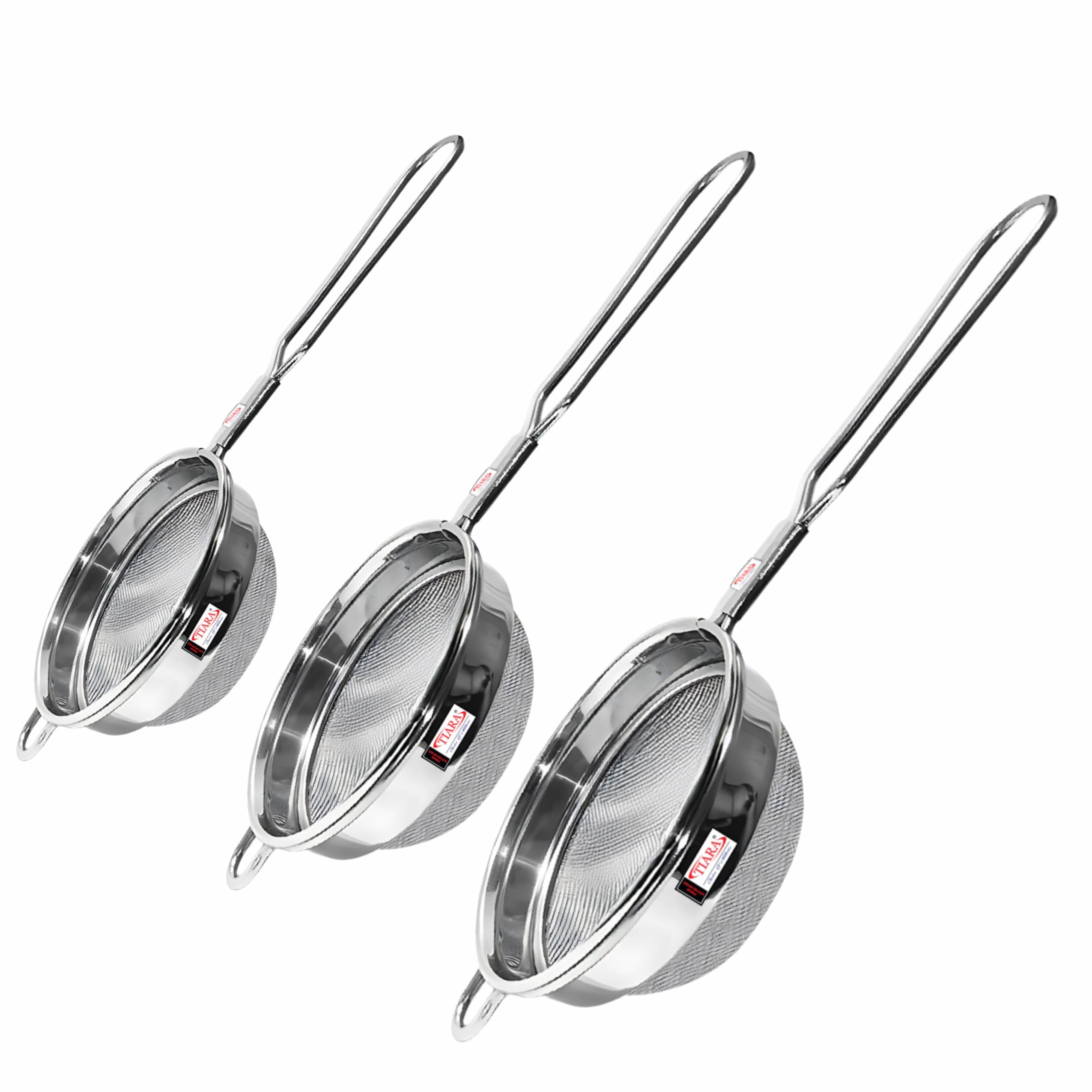 TIARA - 3PC Max Tea Strainer, Coffee Strainer, Chai Channi, Tea Filter, Juice and Oil Strainer Stainless Steel Strainer 7cm, 8cm, 9cm Diameter (304 Steel Food Grade Mesh)