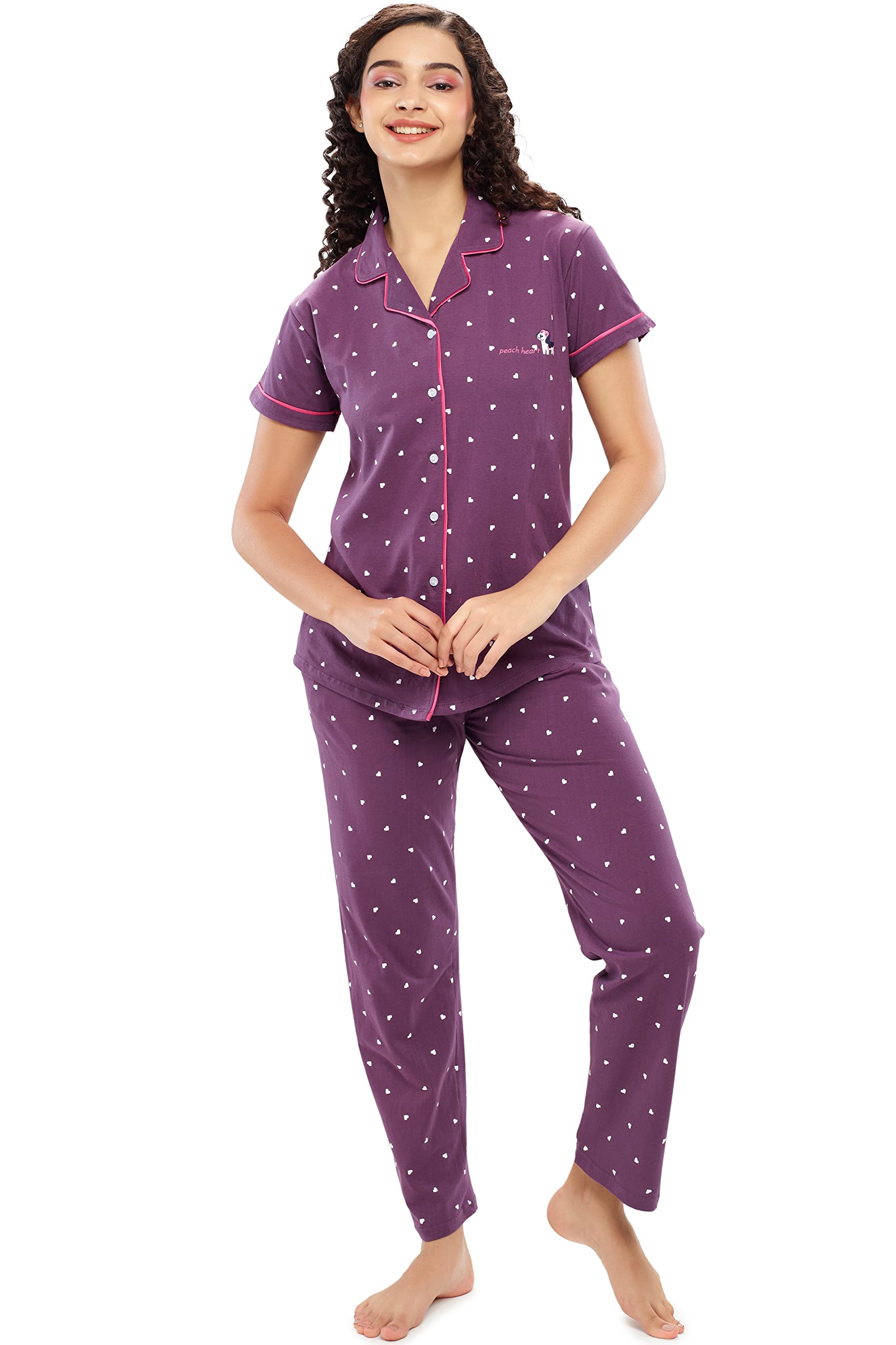 ZEYOWomen's Cotton Heart Printed Stylish Night suit set of Shirt & Pajama Set 5612