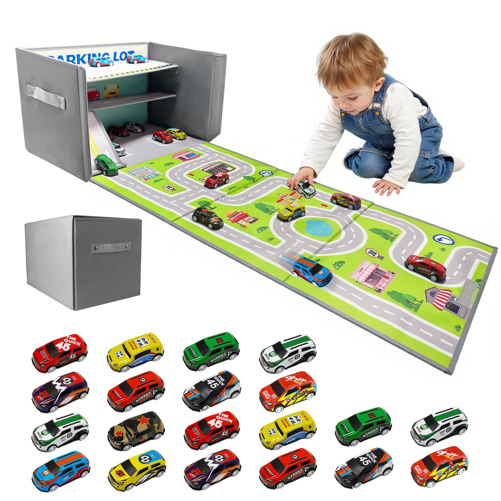 Scatola Portaoggetti per Auto Giocattolo: Garage per Auto Giocattolo per Bambini - Garage per Pieghevole 3 in 1 per Bambini - Organizzatore per e Tappeto da Gioco (Gray)