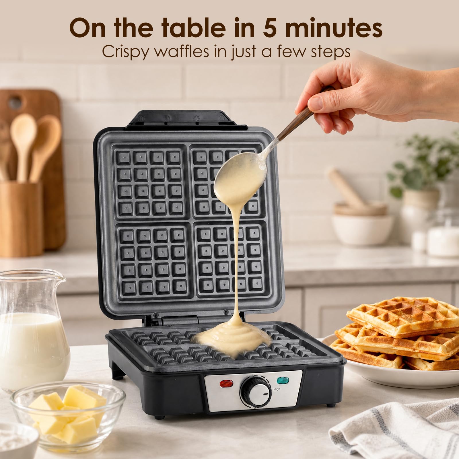 Cozary Gofrera 1200W – 5 Niveles, Acero Inoxidable, 4 Gofres