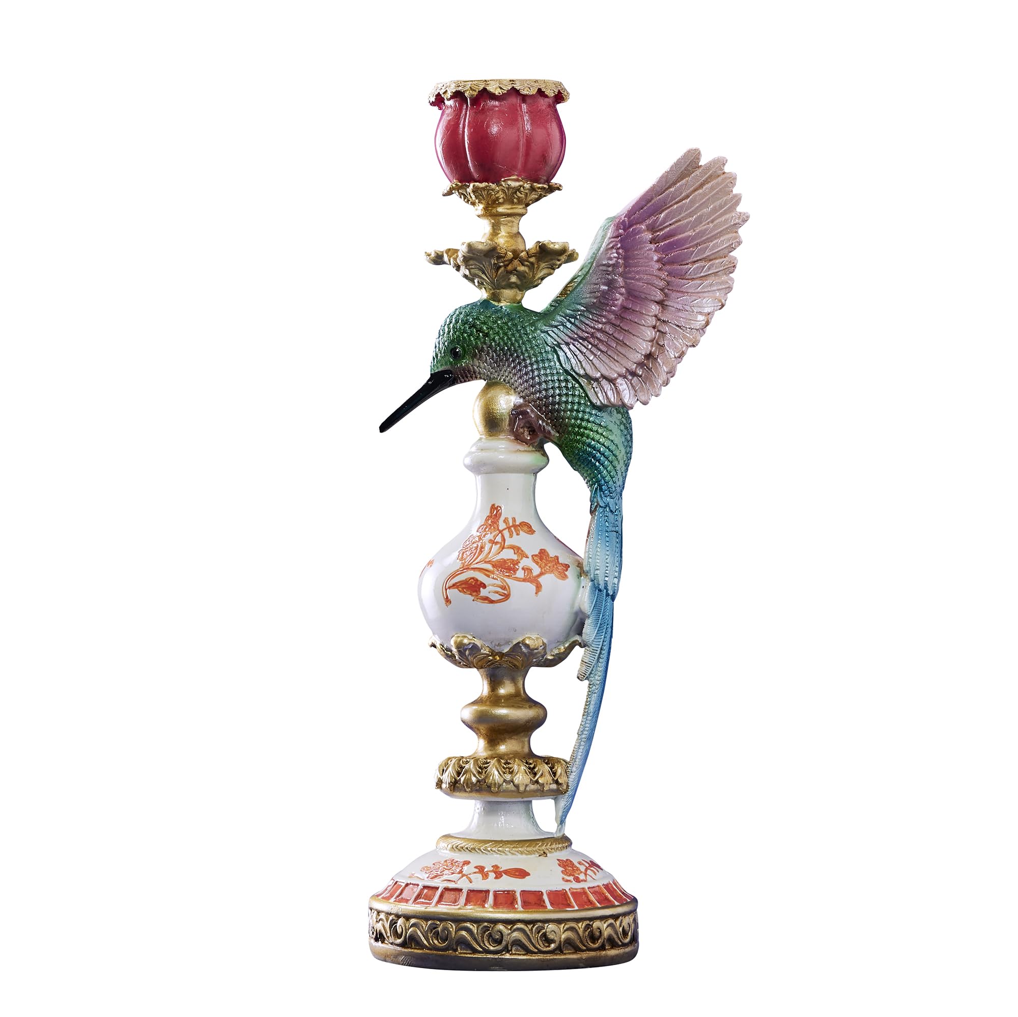 Design Kerzenhalter Kolibri, Mehrfarbig, bunt, Kerzenständer für Stabkerze, handbemalt, 13cm x 14cm x 32cm
