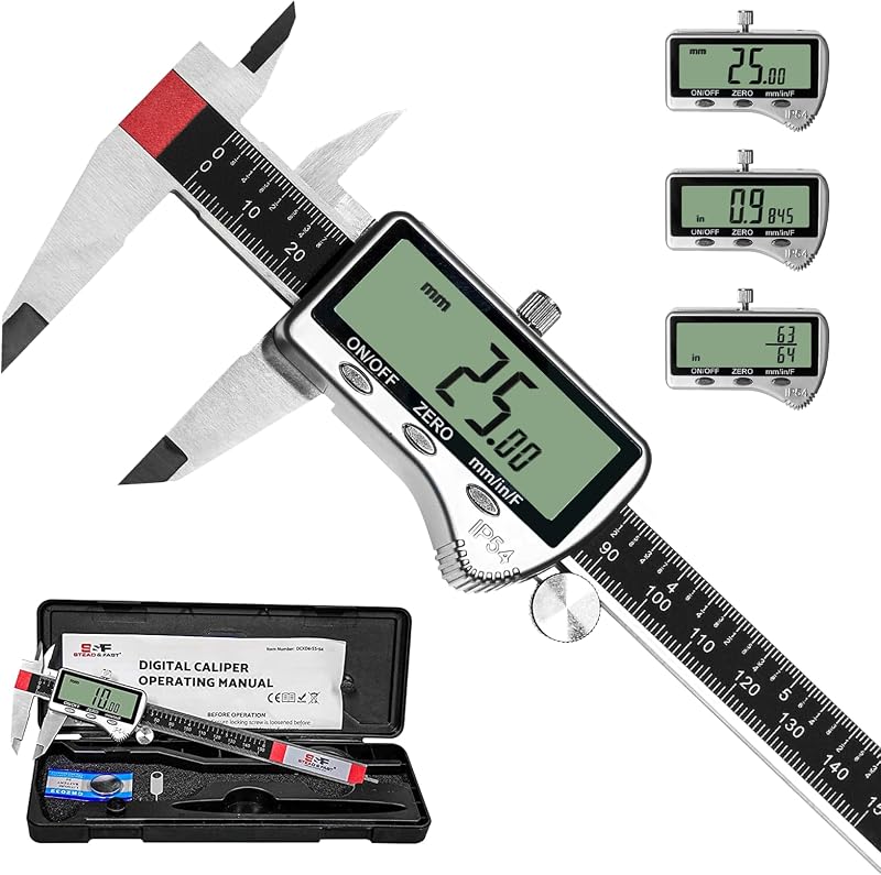 S&F STEAD & FAST Digital Caliper Measuring Tool 6 inch with Extra Large LCD Screen, Stainless Steel Micrometer Caliper Digital IP54, Measures Inch Mm Fraction for Workshop, 3D Printing | Inch/Mm/Fraction, Stainless Steel, 4 Measuring Modes, ±0.001” Accuracy, for Workshop, Machining & 3D Printing