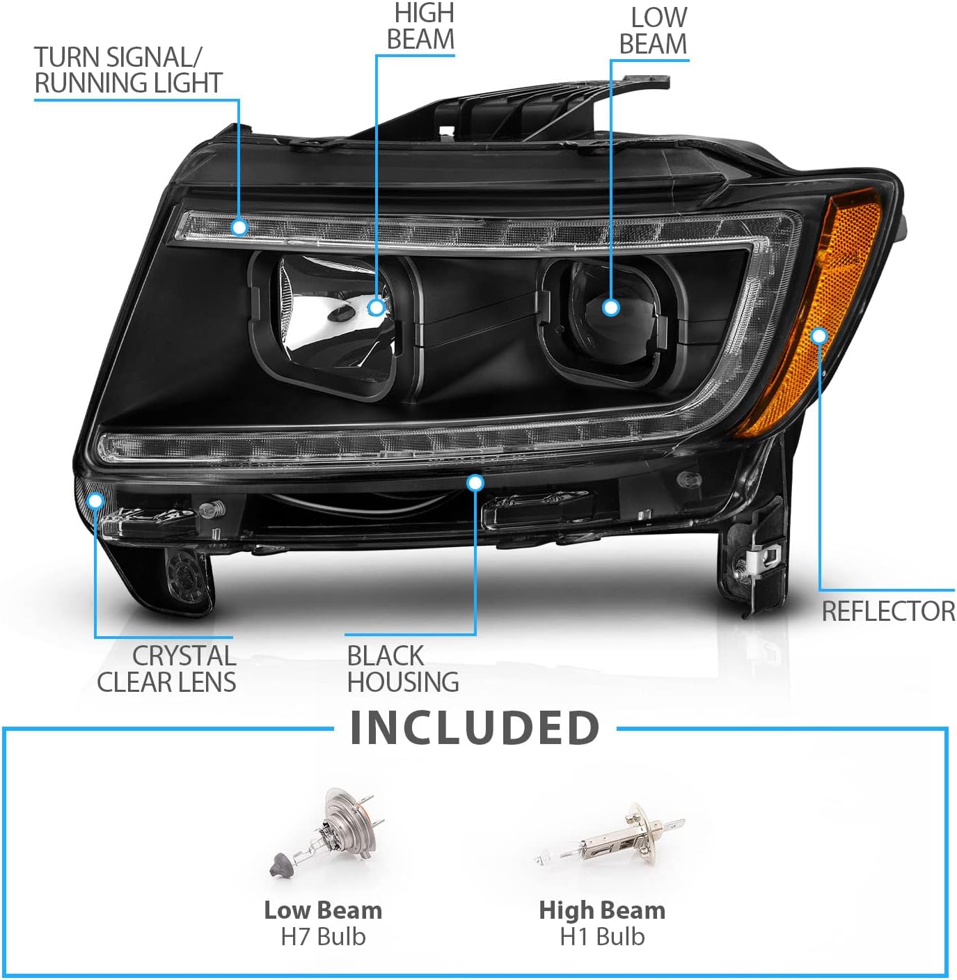 AmeriLite for 2011-2013 Jeep Grand Cherokee WK2 C-Type LED Switchback Tube Black Square Projector Headlight Assembly Pair - Passenger and Driver Side