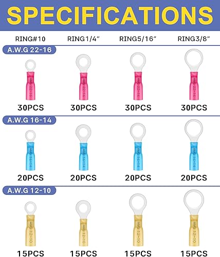 Miniatura 2 de haisstronica Herramienta de prensado para conectores termorretráctiles con 260 conectores de anillo termorretráctil de grado marino de cobre rojo