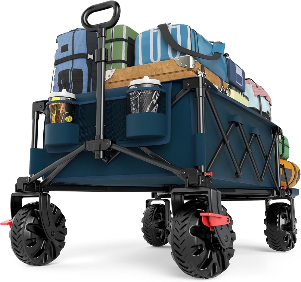 TIMBER RIDGE 600L Beast Wagon 26" W Extra Wide All Terrain Folding w/Big Wheels, Cargo Net & Tailgate, 26" W and 54.5" L, 400lbs Heavy Duty Collapsible Portable Cart for Camping, Sports, Dogs, Blue