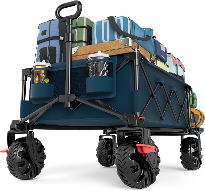 TIMBER RIDGE 600L Beast Wagon 26" W Extra Wide All Terrain Folding w/Big Wheels, Cargo Net & Tailgate, 26" W and 54.5" L, 400lbs Heavy Duty Collapsible Portable Cart for Camping, Sports, Dogs, Blue