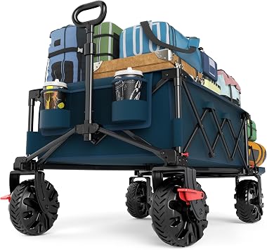 TIMBER RIDGE 600L Beast Wagon 26" W Extra Wide All Terrain Folding w/Big Wheels, Cargo Net & Tailgate, 26" W and 54.5" L, 400lbs Heavy Duty Collapsible Portable Cart for Camping, Sports, Dogs, Blue