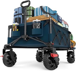 TIMBER RIDGE 600L Beast Wagon 26" W Extra Wide All Terrain Folding w/Big Wheels, Cargo Net & Tailgate, 26" W and 54.5" L, 400lbs Heavy Duty Collapsible Portable Cart for Camping, Sports, Dogs, Blue