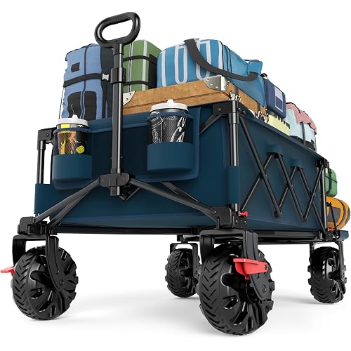 TIMBER RIDGE 600L Beast Wagon 26" W Extra Wide All Terrain Folding w/Big Wheels, Cargo Net & Tailgate, 26" W and 54.5" L, 400lbs Heavy Duty Collapsible Portable Cart for Camping, Sports, Dogs, Blue