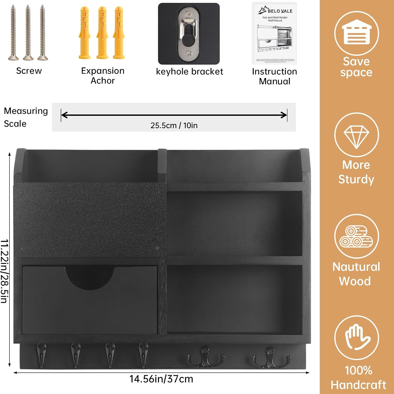 BE Key Holder Wall Mount, Large Key Holder for Wall, Mail Organizer Key Rack , 100% Handmade Hanger for Wall Door Room Office Saving Time and Space, Wood Shelf with Drawer for Storing Decor Home-Black