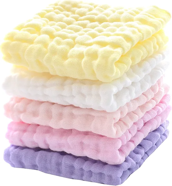 MUKIN Baby Muslin Washcloths, Natural Cotton, Soft Newborn Face Towel, 5 Pack, 12 x 12 inches (White,Pink,Yellow,Purple)