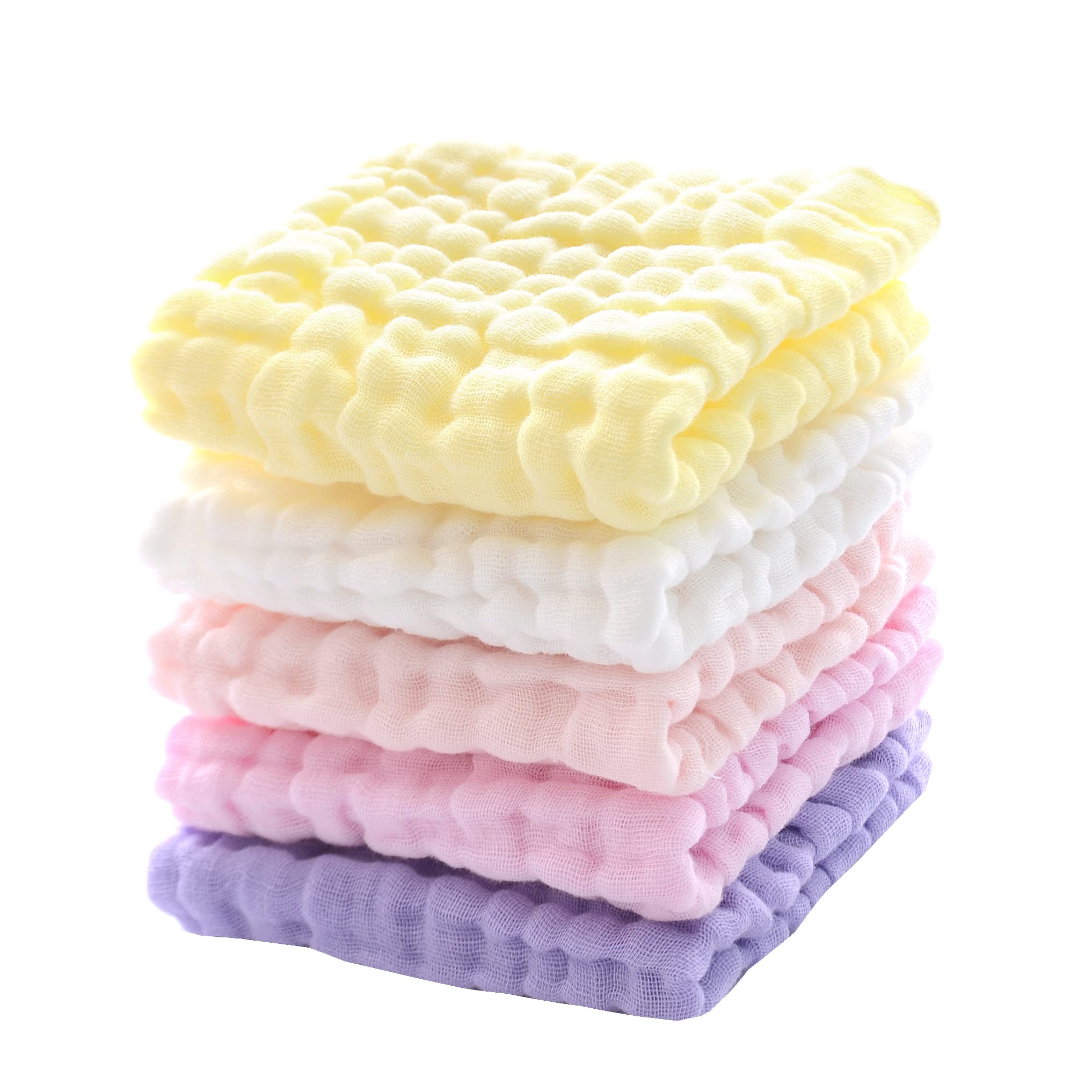 MUKIN Baby Muslin Washcloths, Natural Cotton, Soft Newborn Face Towel, 5 Pack, 12 x 12 inches (White,Pink,Yellow,Purple)