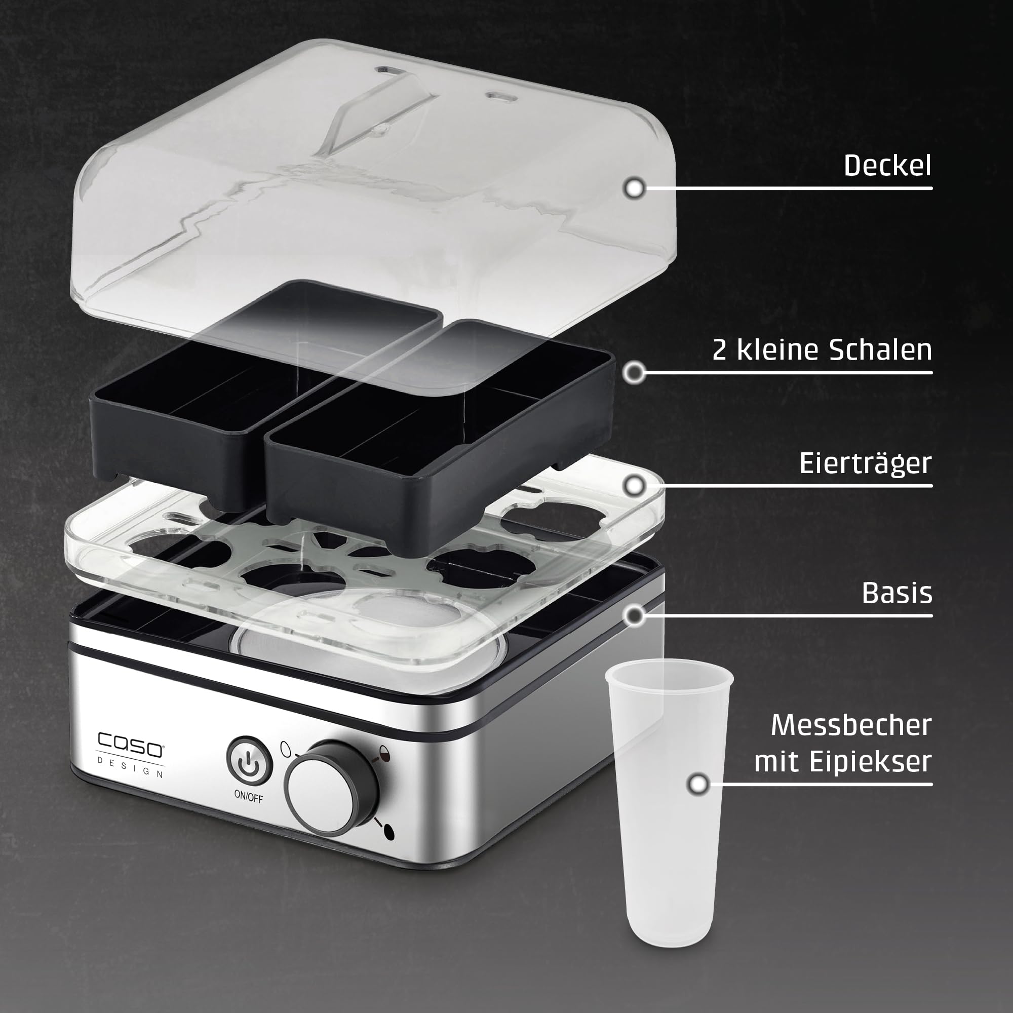 CASO E 9 - Design Eierkocher, Testurteil: Sehr Gut, elektronischer Eierkocher für bis zu 8 Eier, akustisches Signal, inkl. Messbecher und Eipicker und zwei Pochierschalen