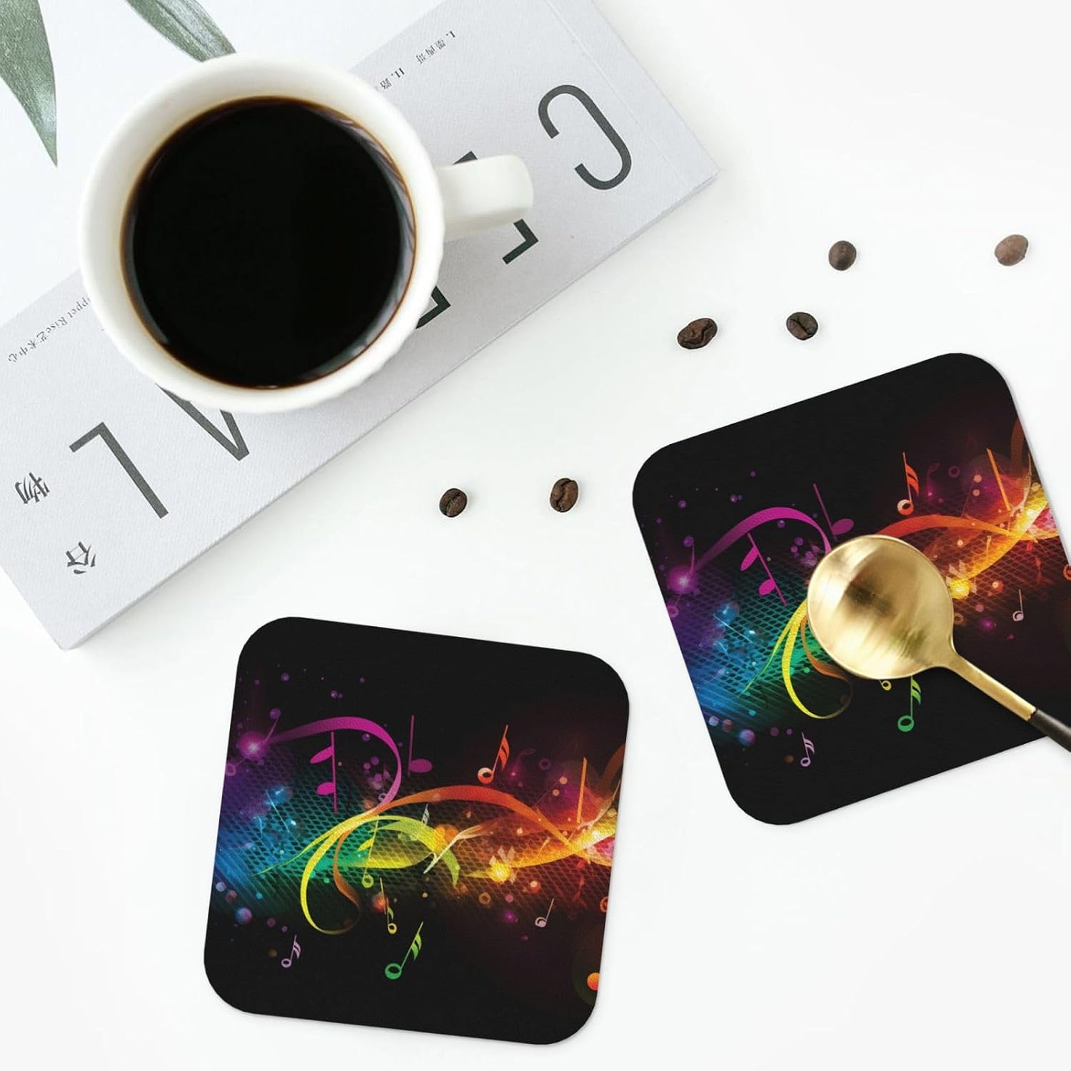 Coasters Set of 6 Leather Coasters Colorful Music Notes Coffee Cup Mat Drink Coasters Square Tabletop Protection Mat for Bar Decorate Cup pad for Coffee Table Kitchen Dining Room image 5