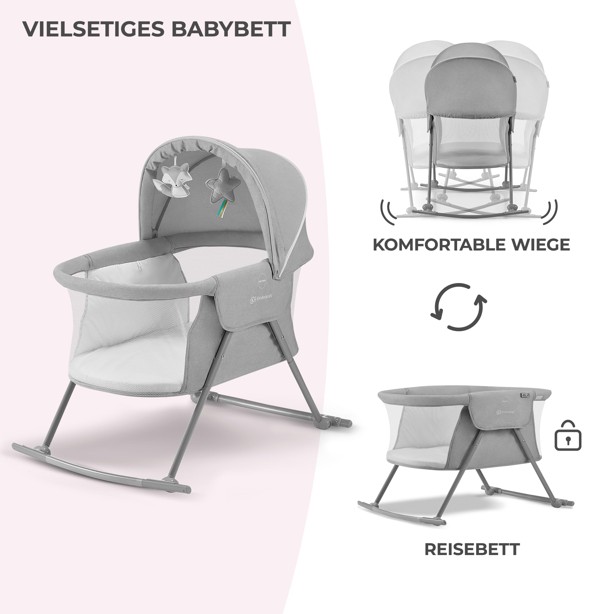 kk Kinderkraft Kinderkraft Kinderbett 3 in 1 lOVI, Kinderreisebett, Stubenwagen, Babywiege, Baby Wippe, Zusammenklappbar, Einfach Transport, mit Zubehör, Tasche, Moskitonetz,von Geburt bis 9 kg, Grau