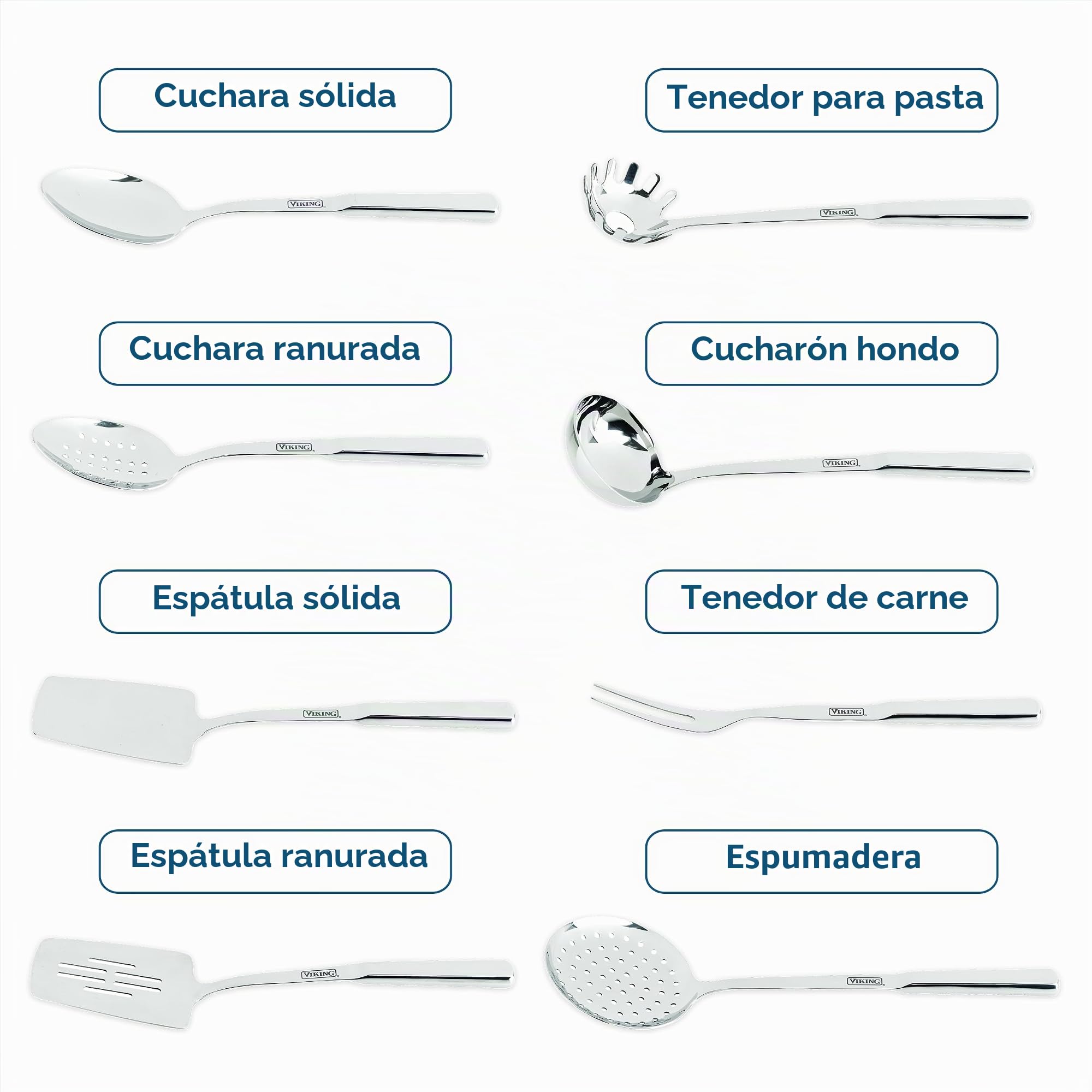 Viking Culinary - Juego de utensilios de cocina de acero inoxidable 304, 8 piezas, asas huecas ergonómicas que se mantienen frías, aptos para lavavajillas, color plateado