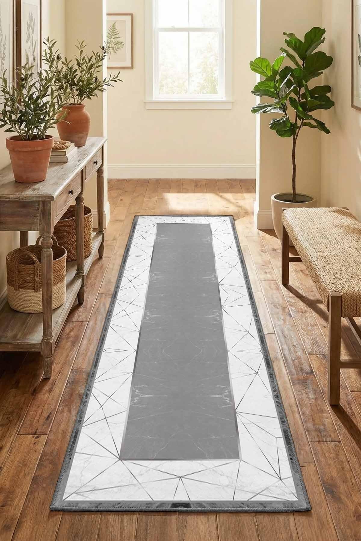Monnhein Gri Yolluk Alvi̇na - Yıkanabilir, Kaymaz Taban, Dijital Baskılı, Leke Tutmaz, İnce Hav, Modern Koridor, Mutfak, Antre ve Salon için Dekoratif Yolluk