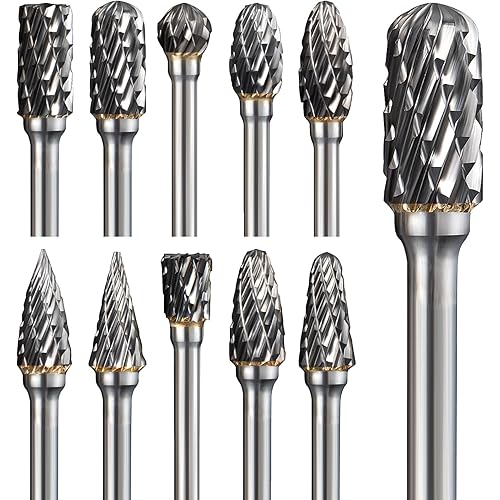 Carbide Burr Set Compatible with Dremel Rotary Tool 10Pcs Double Cut Carbide Rotary Burr Set with 1/8" Shank Rotary Tool Accessories for Woodworking, Carving, Engraving, Drilling, Steel Metal Working