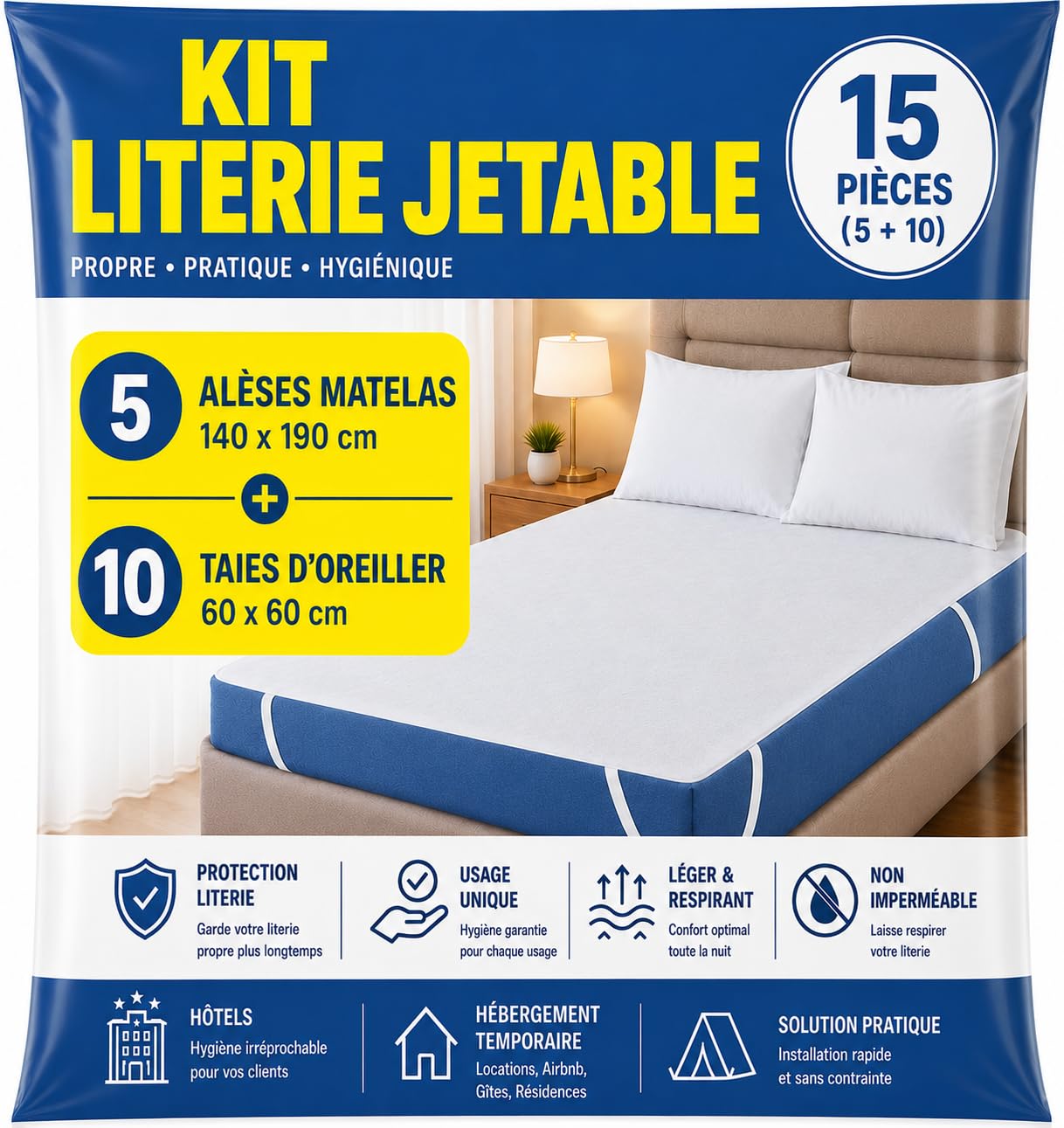 Kit Literie Jetable | 5 Alèses Matelas 140x190 cm + 10 Taies d’Oreiller 60x60 | Protection Literie Usage Unique | Non Imperméable | Hôtels, Hébergement Temporaire
