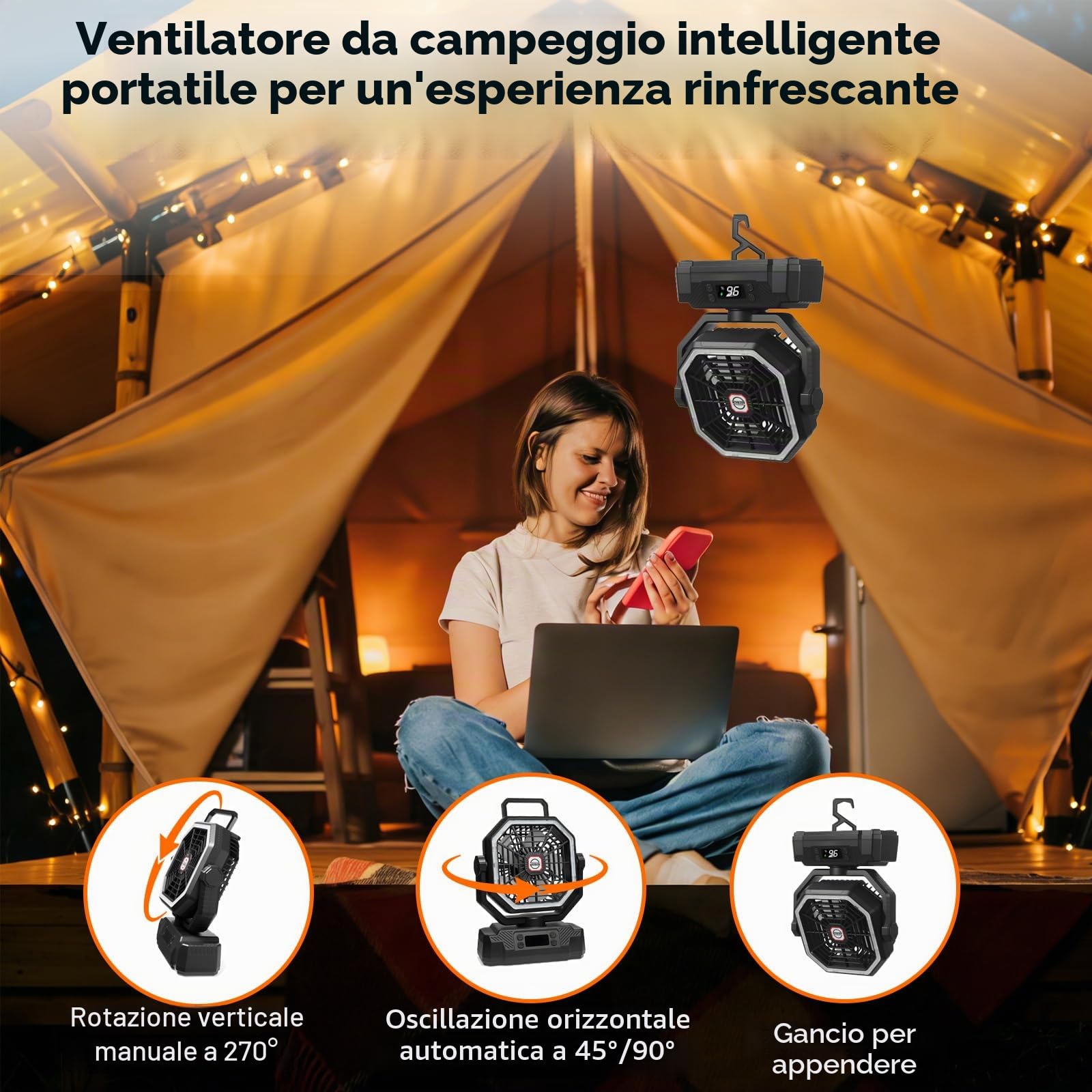 Sireck Ventilatore da campeggio da 40000 mAh, ventilatore personale portatile alimentato a batteria da 25,4 cm, con telecomando, lanterna LED, 5 velocità, timer, display digitale, ventilatore da
