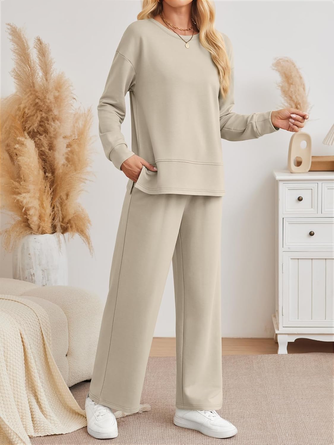 AUTOMET Womens 2 Piece Sweatsuits Outfit Lounge Sets Side Slit Sweatshirt Wide Leg Tracksuit Travel Loungewear with Pockets