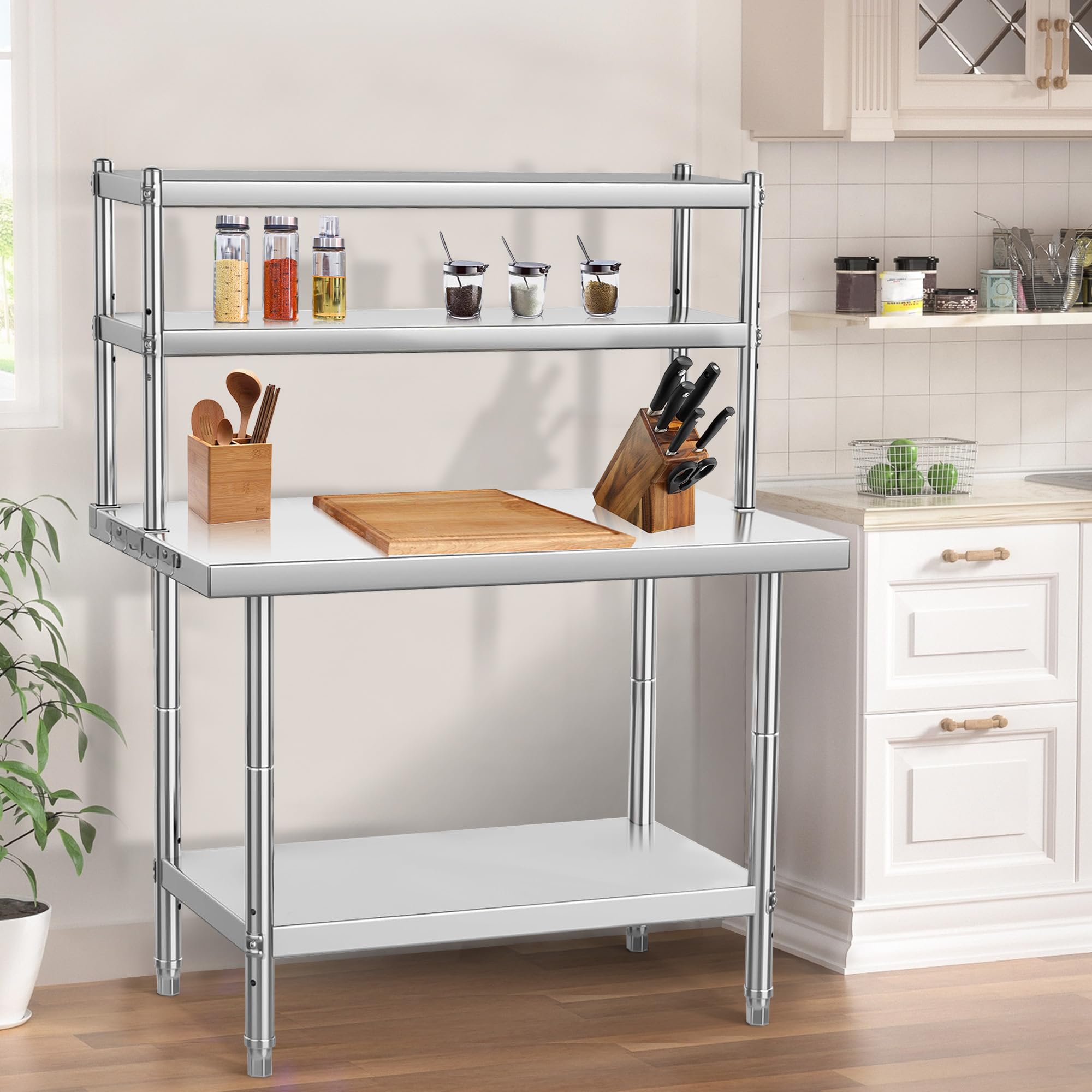 Carrello in acciaio inox con ripiano su 2 livelli, tavolo in acciaio inox con gambe regolabili in altezza, piano di lavoro in acciaio inox per esterni e interni