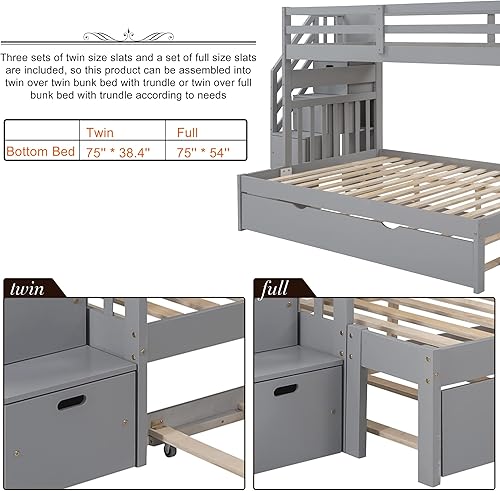 Miniatura 71 de Merax Litera de escalera individual sobre matrimonial con nido, escalera de almacenamiento y barandilla de longitud completa, litera de