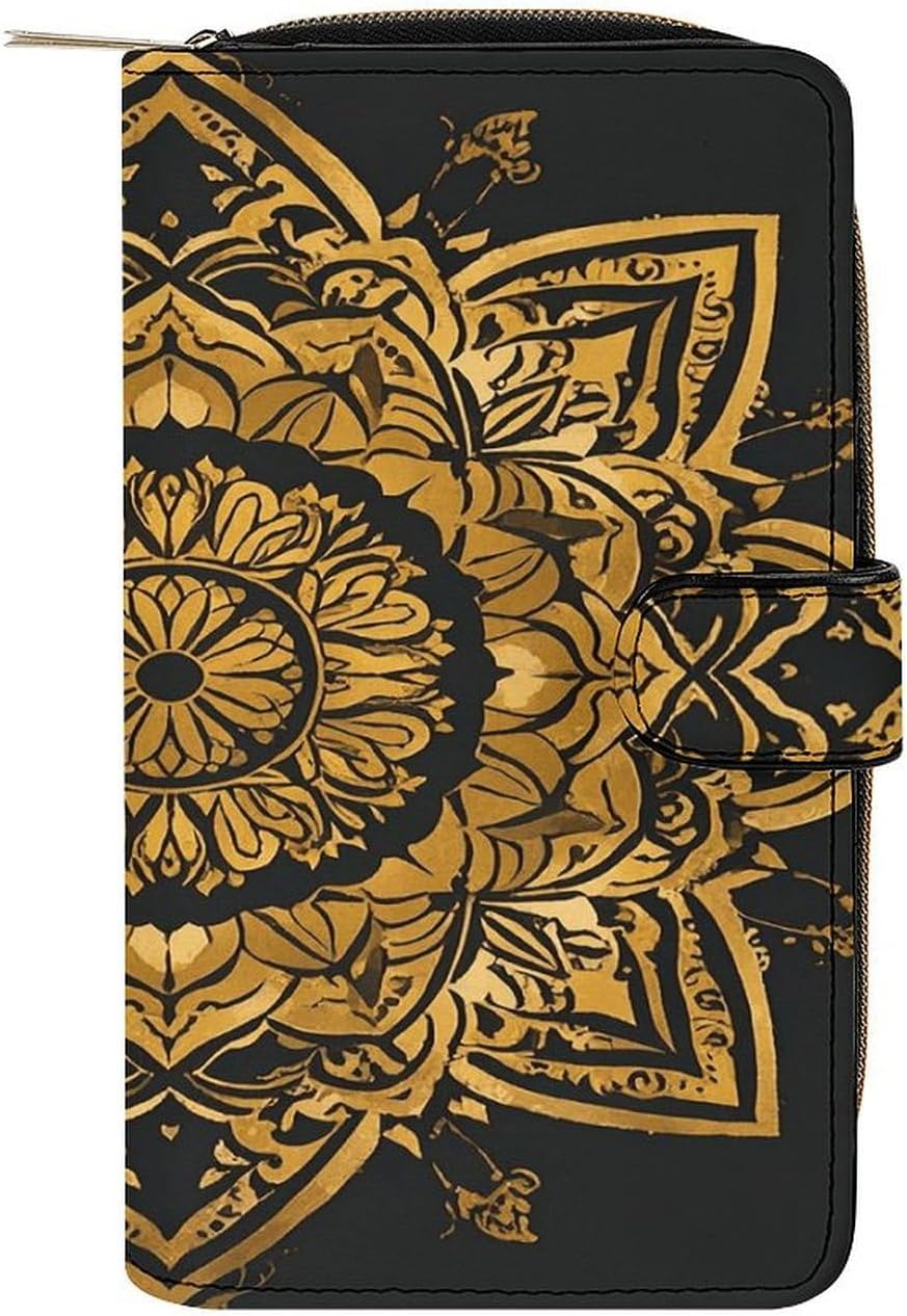 PU Leather Wallet Gold Lotus Print Travel Purse Women's Long Bifold Wallet Ladies Card Holder Purse with Zipper & Snap Closure
