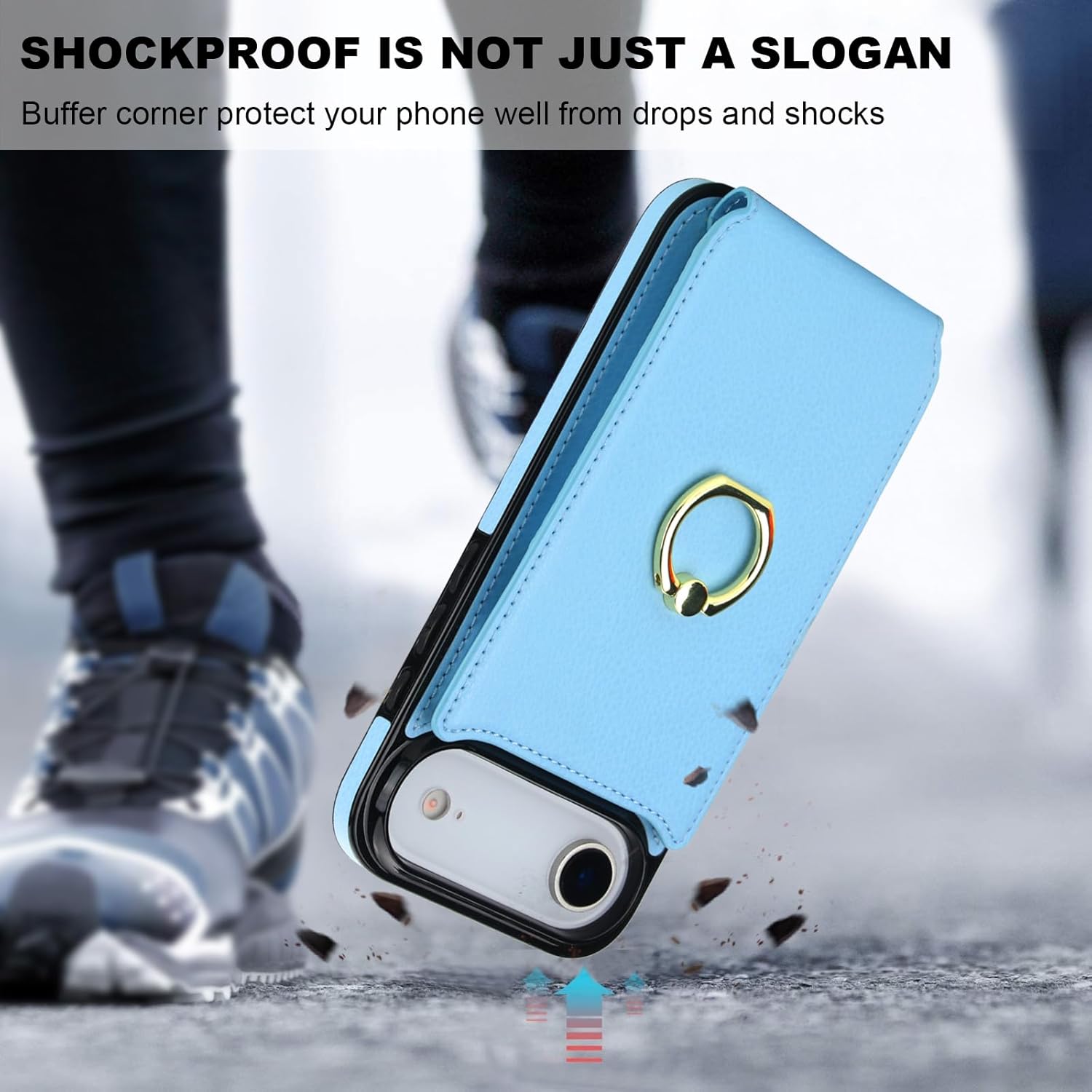 Folosu Compatible with iPhone 17 Air Case Wallet with Card Holder, 360°Rotation Finger Ring Holder Kickstand, RFID Blocking Leather Protective Double Buttons Shockproof Cover 6.5 Inch Blue