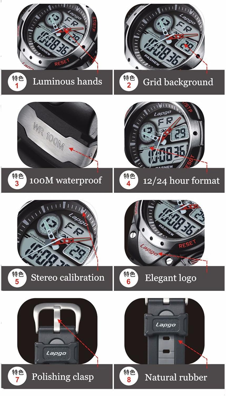 PASNEW Watch – Sport Boy Watches for Waterproof with Alarm Stopwatch Military Dual Time Big Dial Wrist Watch for Men,for Ages 13 and Over,Silver