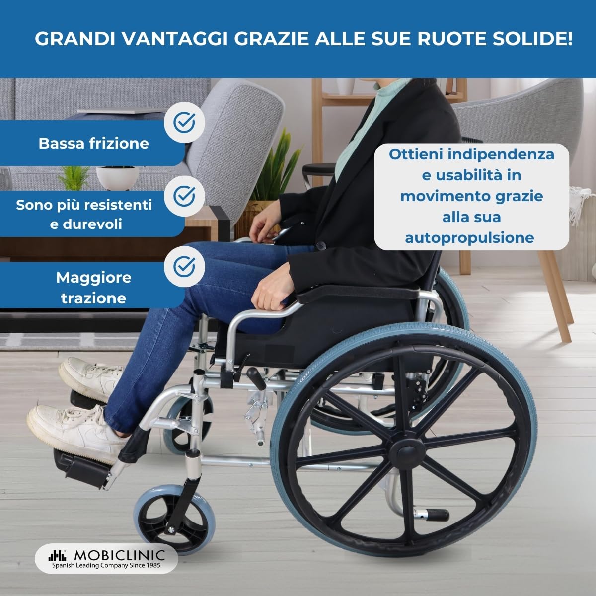 Mobiclinic®, Sedia a rotelle, Pieghevole, Leggera, Sistema sottoporta, Freno di stazionamento, Modello ópera, Alluminio, Ruote piene, Braccioli pieghevoli, Pedane estraibili, Ergonomica