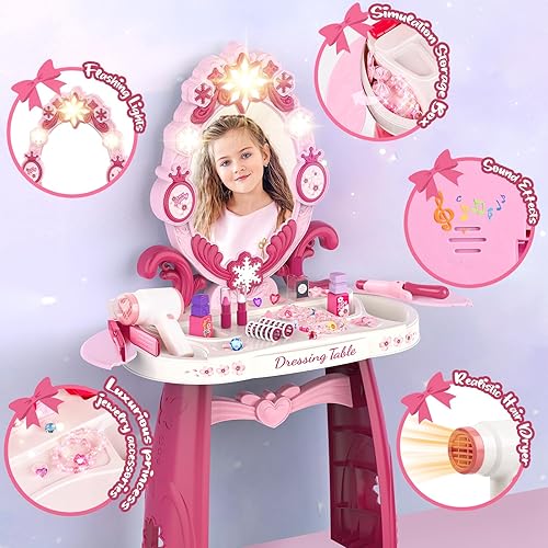Miniatura 4 de Juguete de mesa de maquillaje para niños pequeños con espejo y silla, juego de tocador para niños con luces y sonidos secador de pelo, accesorios de