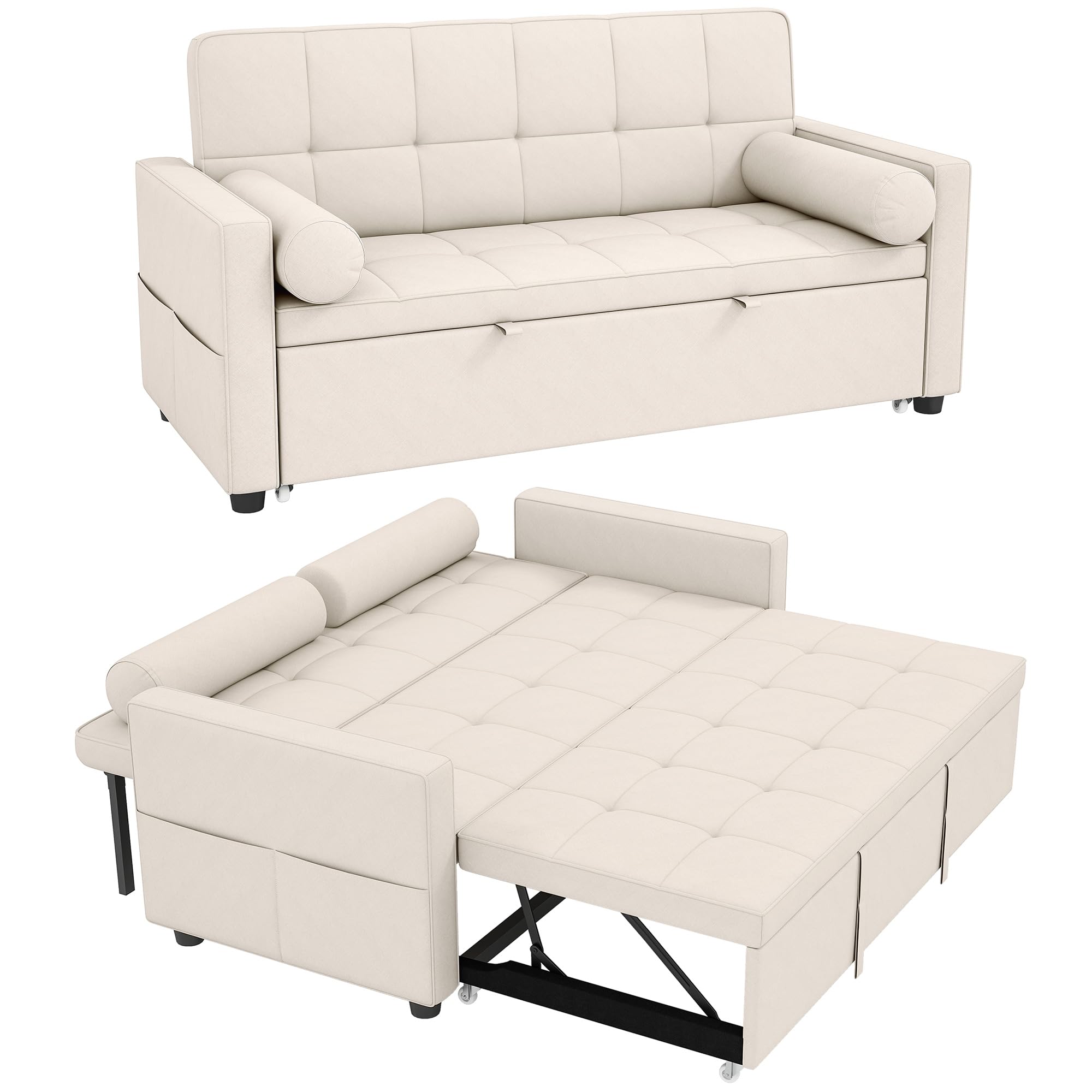 HOMCOM Canapé Convertible 2 Places 3 en 1, canapé-lit capitonné, lit gigogne Double, Dossier réglable, 2 Coussins et Poches d'accoudoirs, Tissu Aspect Lin, pour Chambre, Beige
