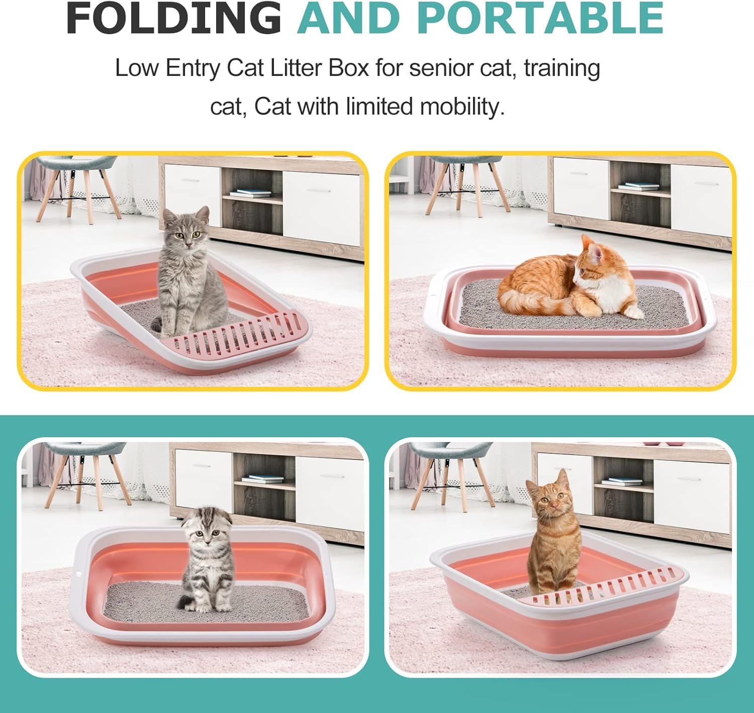 Open Top Cat Litter Box, Large Foldable Cat Potty Height-Adjustable Sides Anti-Splash, Open Air Kitty Litter Pan No Smell - Image 2
