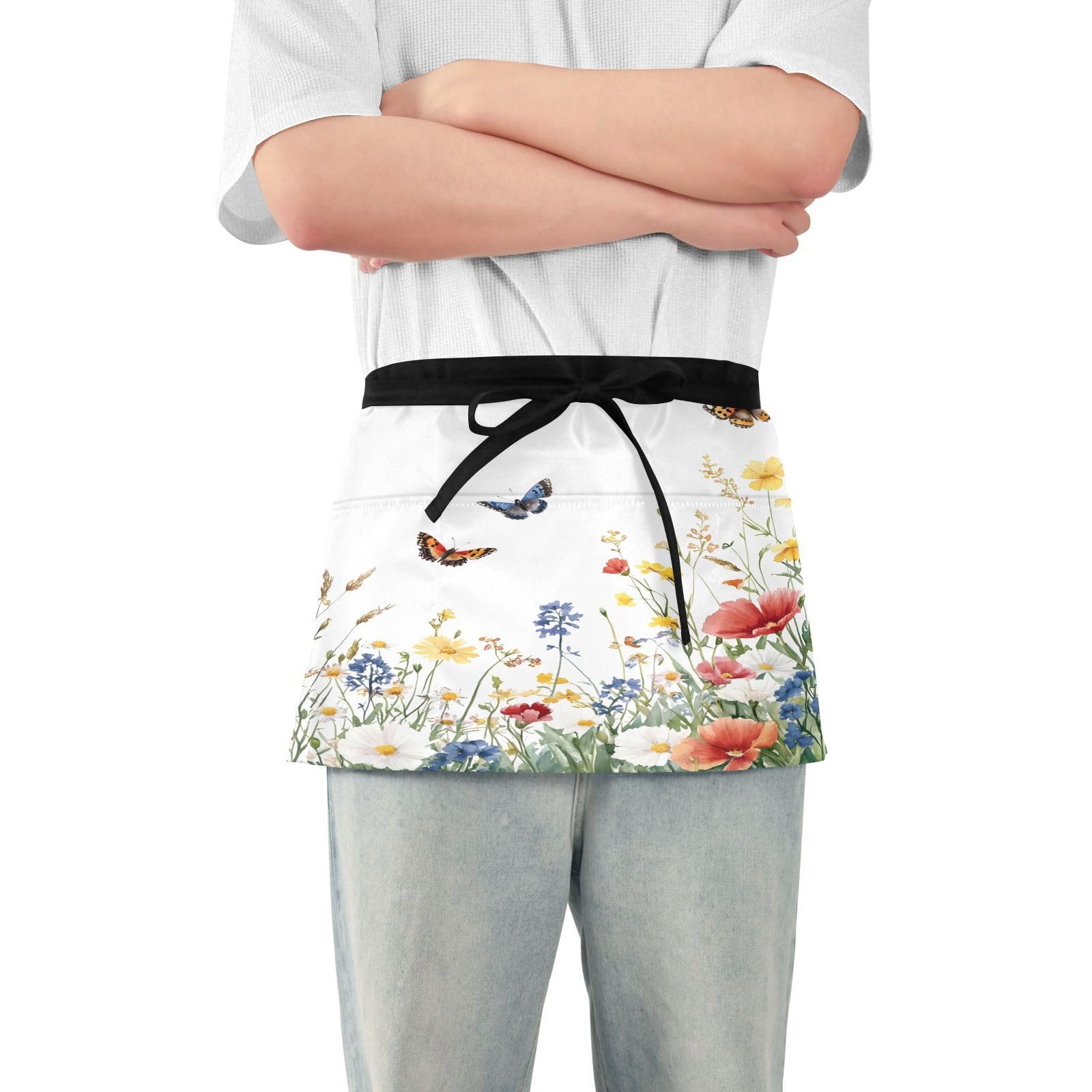 Kigai Wildflowers Server Aprons for Men Women Water & Oil Resistant Waitress Waiter Waist Apron with 3 Pockets