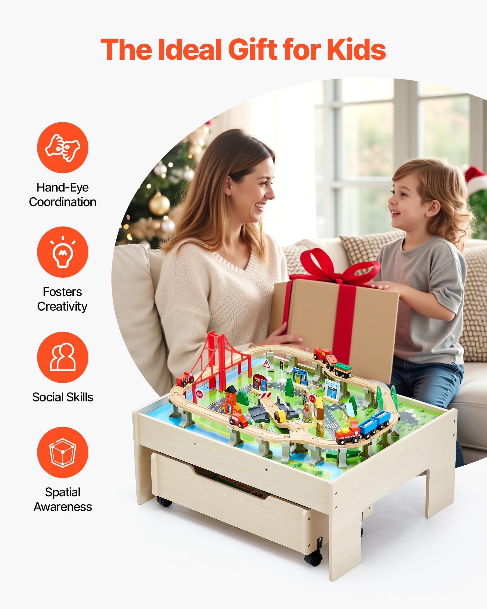 VEVOR Holz Aktivitätstisch, 100-teilig, Eisenbahntisch mit rollender Schublade, 3-in-1-Holzeisenbahn-Set zum Spielen, Malen, Lesen, Essen, kreatives Spielzeug-Set für Kinder ab 3 Jahren