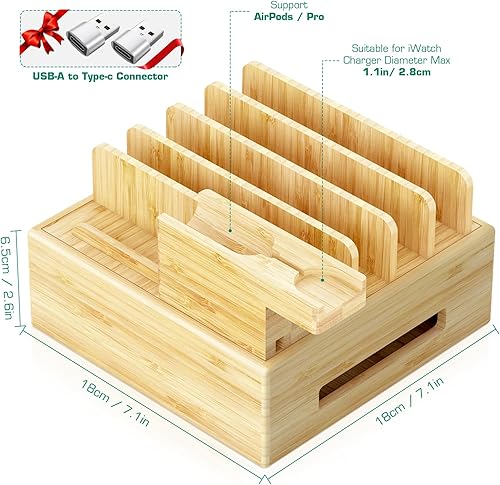 Miniatura 2 de Estación de carga de bambú para múltiples dispositivos, estación de carga de la familia Darfoo con 7 puertos USB y 1 soporte para reloj-auricular, 7