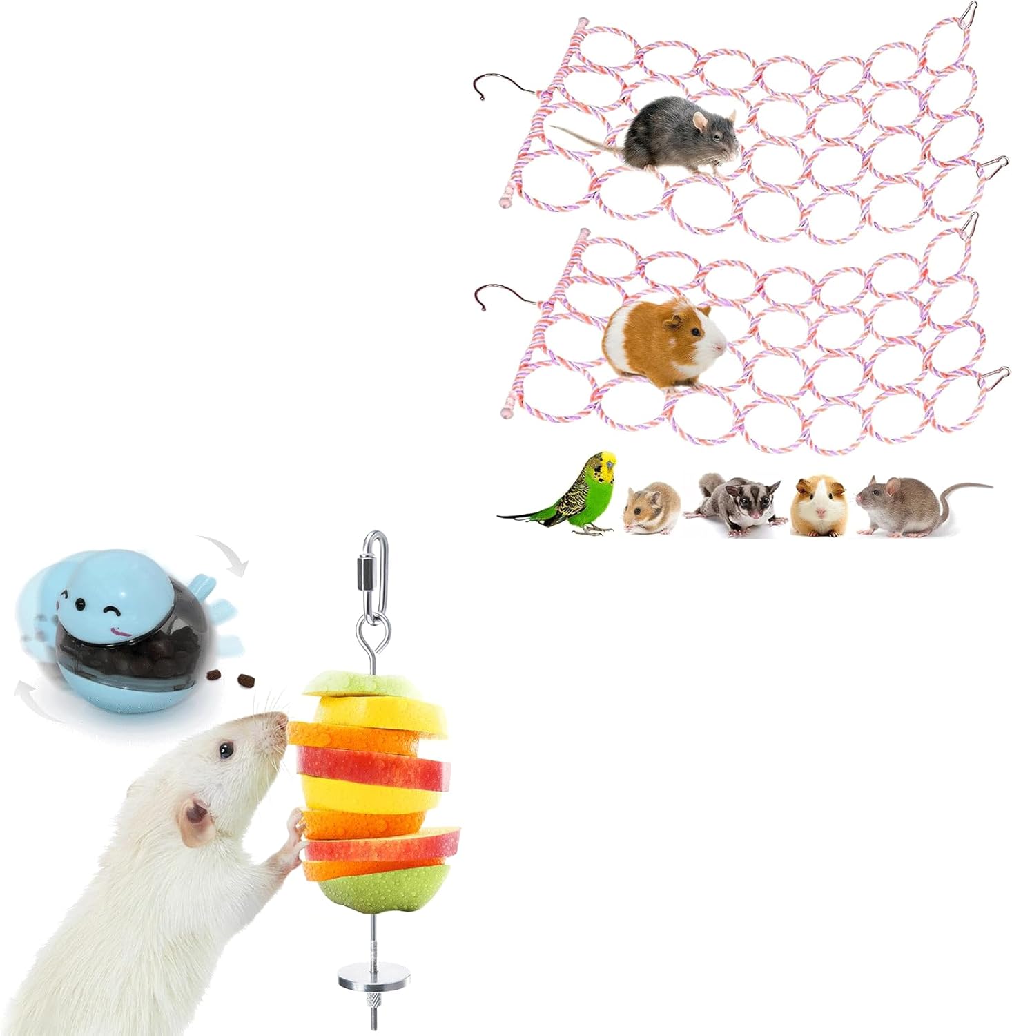 2 Pcs Rat Climbing Net Toy & Enrichment Set - Hemp Rope Perch Swing, Ladder Bridge Hammock, Treat Dispenser & 304 Stainless Steel Fruit/Veg Holder, Interactive Foraging Puzzle Toys for Rats Mice