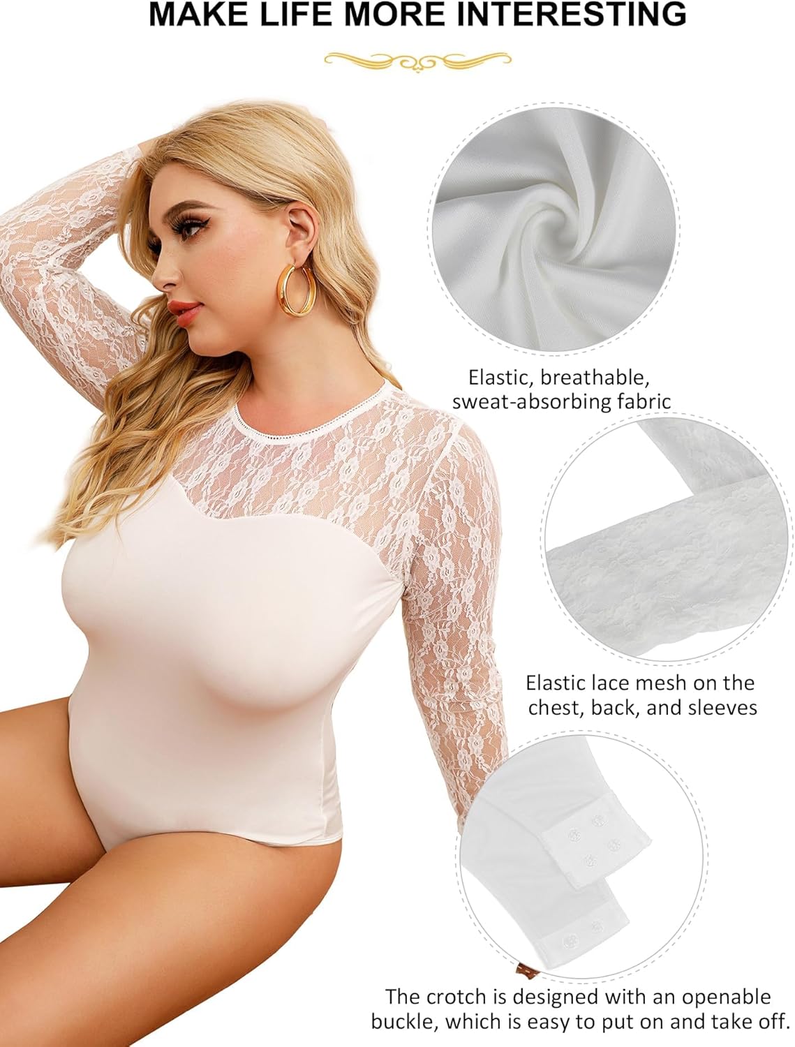 ohyeah Women Plus Size Floral Lace Long Sleeve Bodysuit Crew Neck Basic Bodysuit Top - Image 4