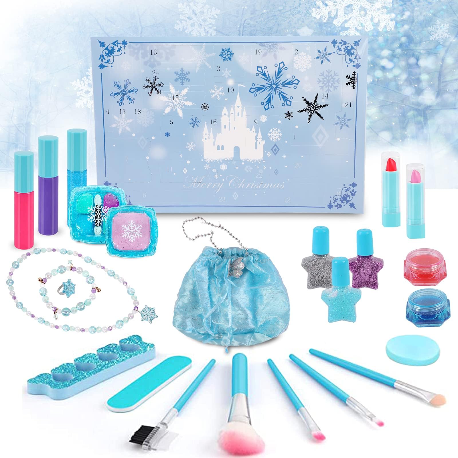 Christmas Makeup Advent Calendar 2024, Makeup Advent Calendar Gift, 24 Days Countdown Calendar Cosmetics Kits, Frozen Priness Necklace Jewelry Handbag DIY Cosmetics