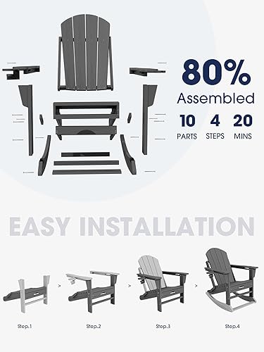 Miniatura 5 de KINGYES Adirondack - Mecedora con otomana retráctil y portavasos, silla reclinable Adirondack Rocker de HDPE para patio, porche, patio, balcón, gris