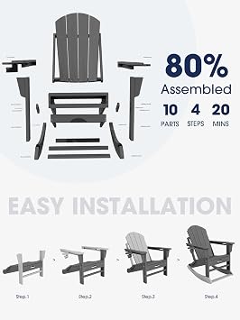 KINGYES Adirondack Rocking Chair with Retractable Ottoman and Cup Holders, HDPE Adirondack Rocker Patio Rocking Chair for Porch, Patio, Balcony, Leaden Grey