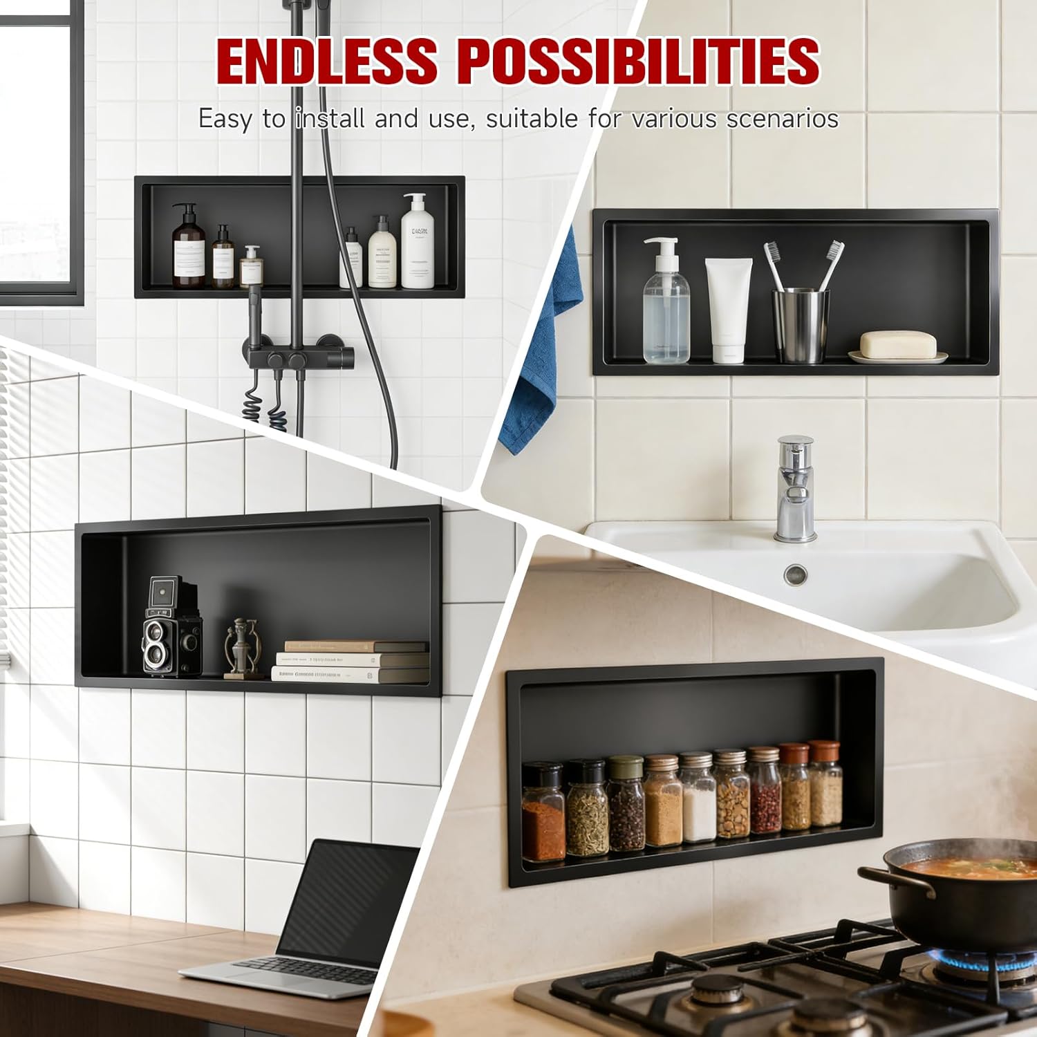 No Tile Needed Shower Niche 12"X 36", Bathroom Wall Niche Single Shelf, Stainless Steel Shower Niche for Bathroom, Kitchens, Balconies